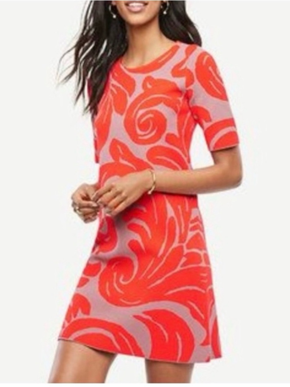 Ann Taylor Sweater Orange Patterned A-Line Dress Size M